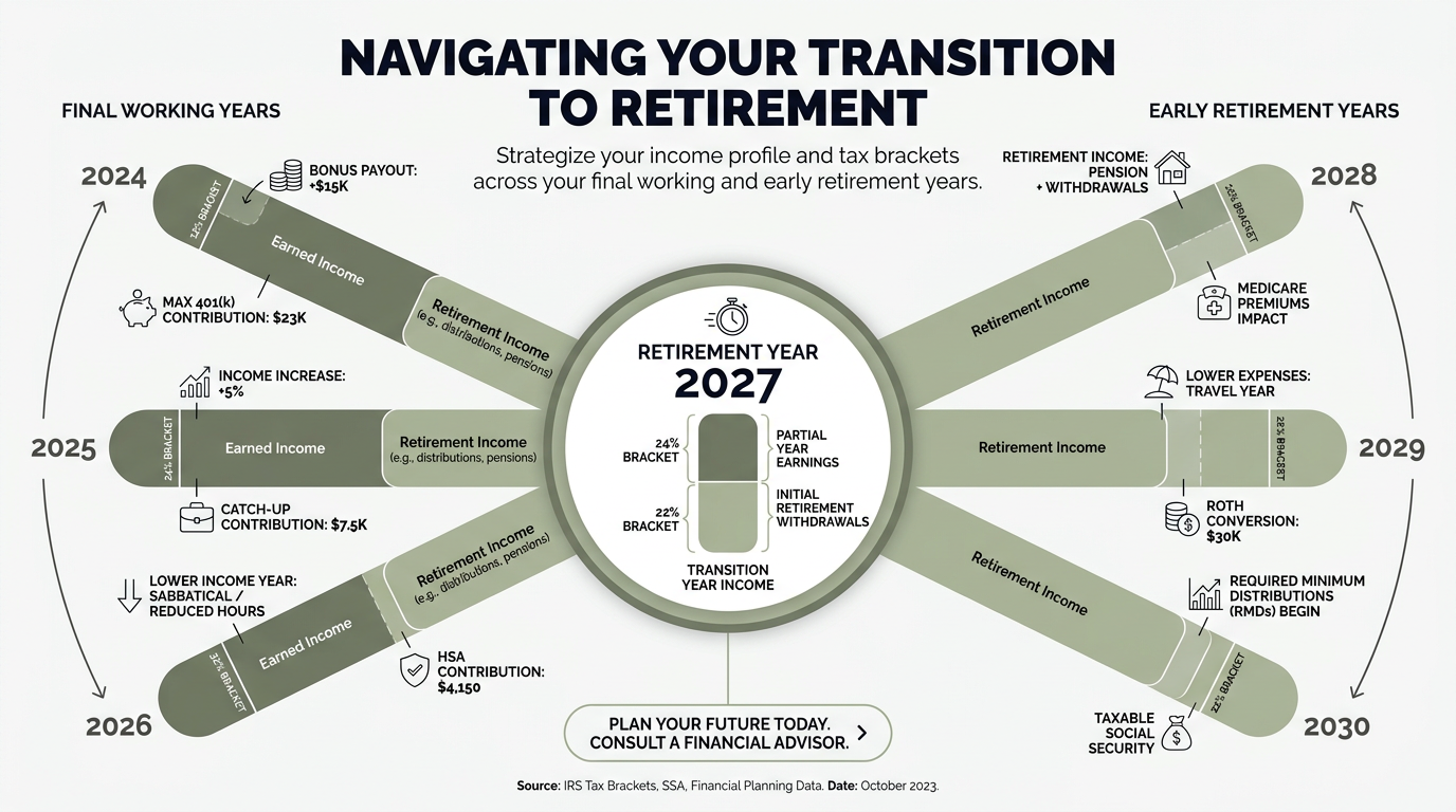 Radial timeline infographic showing final working years into early retirement with labeled spokes for bonus timing, retirement contributions, and lower-income years, highlighting how tax brackets can shift across adjacent years.