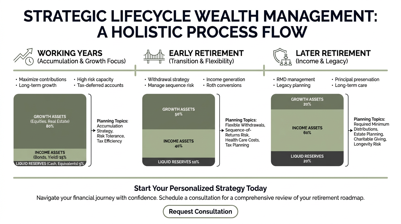 Infographic showing a left-to-right retirement timeline with three stages and accompanying charts that shift portfolio emphasis from growth to income and reserves, with labeled callouts about withdrawals, risk tolerance, and planning actions. Clean, flat style with minimalist icons, white background, and brand-colored chart fills.