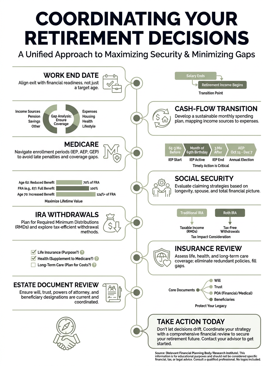 Portrait infographic showing a vertical retirement timeline of connected checkpoints (work end date, cash-flow transition, Medicare, Social Security, IRA withdrawals, insurance review, estate documents) with short labels, simple icons, and small charts to show coordination across decisions.