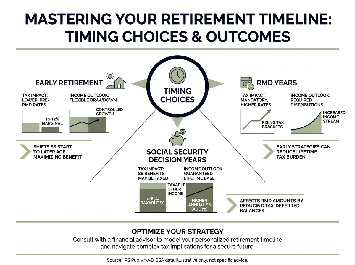 Infographic showing a retirement timeline with three stages—early retirement, Social Security decision years, and RMD years—arranged as a radial diagram from a central decision node, with small charts and labeled callouts showing how timing choices affect taxes and income planning.