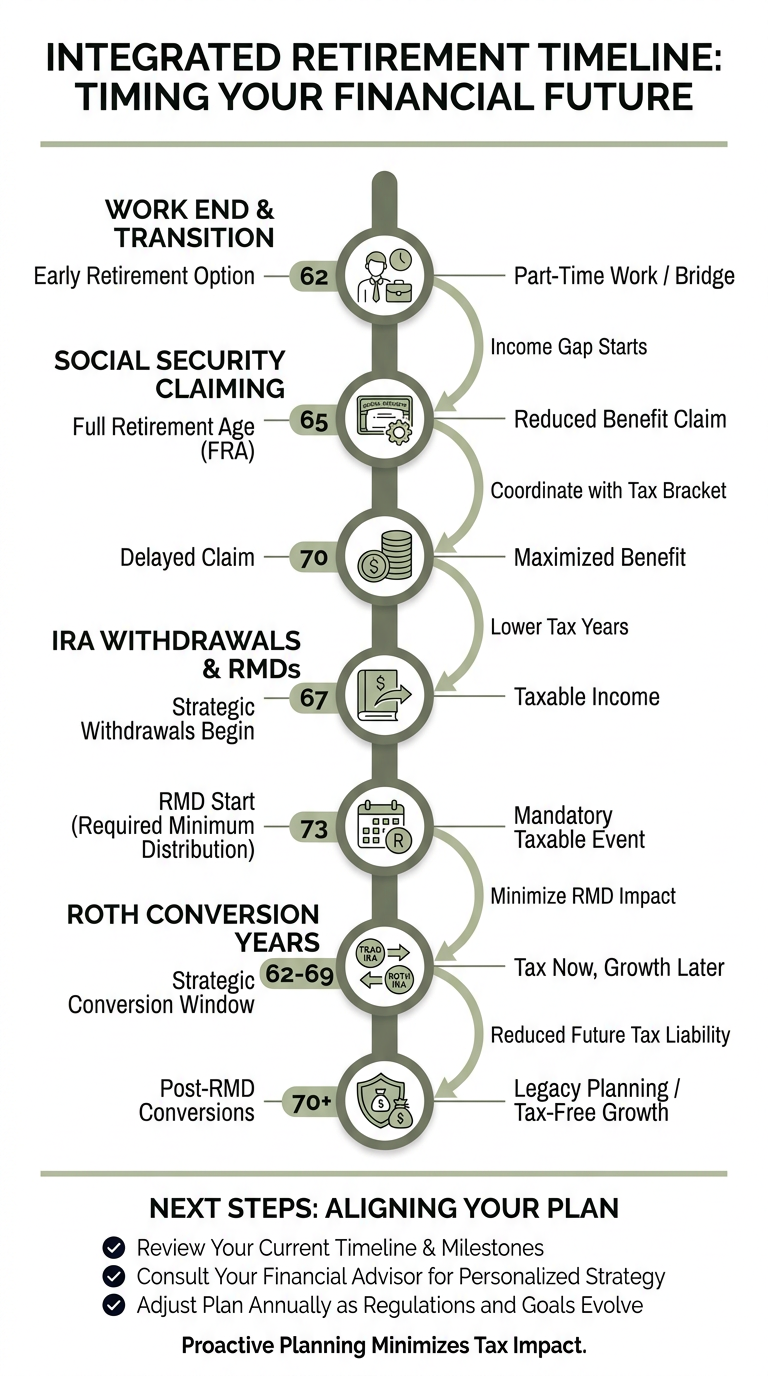 Vertical infographic showing a retirement timeline with stacked milestones for end of work, Social Security claiming, IRA withdrawals, and Roth conversions, with connecting arcs that highlight how timing decisions interact. Clean icons, direct labels, and brand colors on a white background emphasize sequence and decision points.