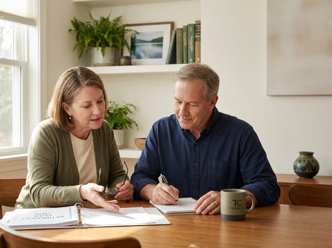 A mature couple sits at a home desk reviewing retirement documents together in soft morning light, one pointing to a paper while the other takes notes.