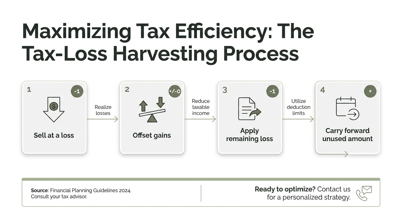 Clean infographic illustrating the tax-loss harvesting process in four left-to-right steps: sell at a loss, offset gains, apply remaining loss, and carry forward unused amount, with arrows and labeled step cards in a restrained brand palette.