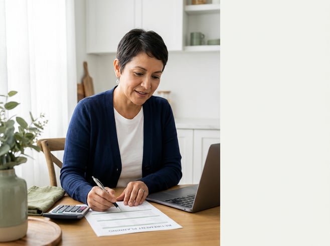 Woman in her early 60s seated at a sunlit kitchen table reviewing retirement documents with a calculator and laptop nearby; the scene is calm, organized, and softly lit for a natural, professional feel.