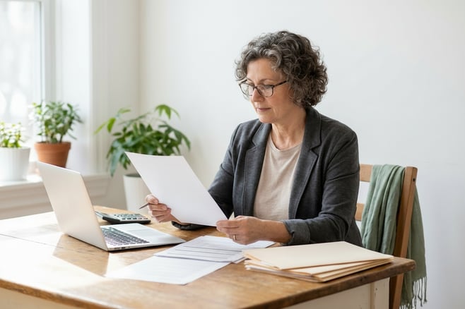 An older woman sits at a sunlit kitchen table reviewing a retirement document with a laptop, calculator, and neatly stacked folders nearby, conveying calm, practical planning.