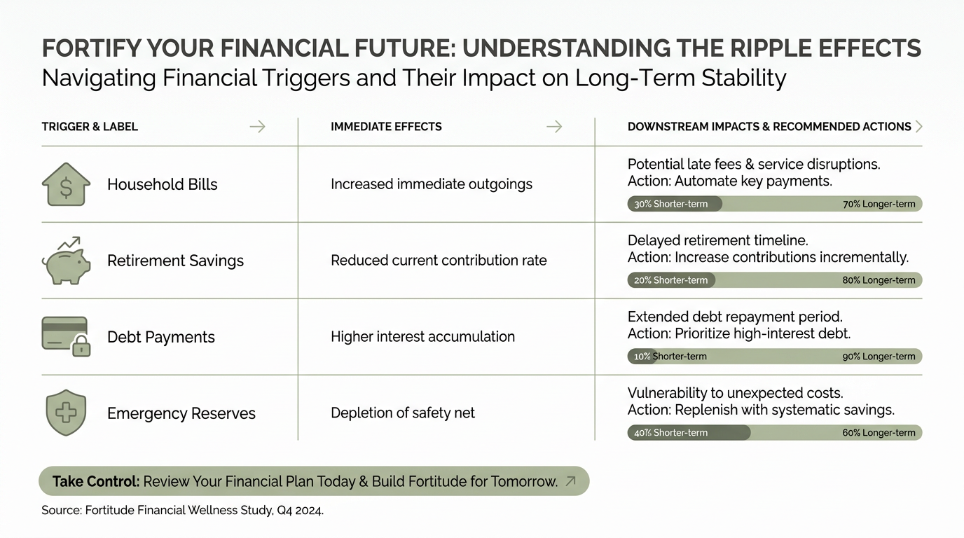 Infographic table showing how a work interruption cascades into household bills, retirement savings, debt payments, and emergency reserves, using simple icons and mini inline bar charts to show immediate and long-term effects. Headline at the top, three-column table layout with each financial area labeled and a short call-to-action block at the bottom.